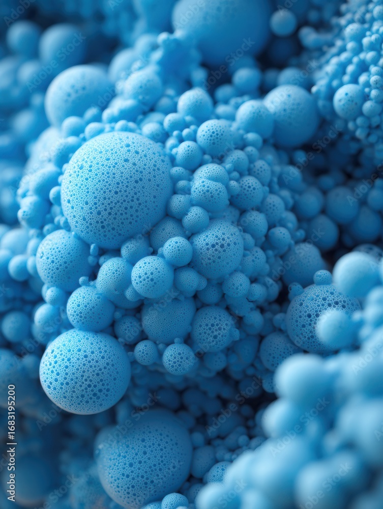 Poster clusters of vibrant blue spheres create an intricate textured formation, highlighting an abstract de