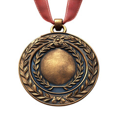 Detailed bronze medal with laurel wreath and red ribbon against a showcases victory and achievement perfect for awards and recognition on transparent background