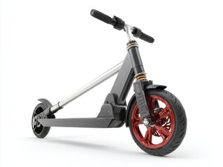 Modern, sleek electric scooter, featuring a dark gray frame, silver components, and vibrant red wheels, presented against a white background.