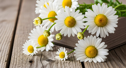 Obraz premium Elegant daisies arrangement on rustic wooden surface capturing simple beauty close up