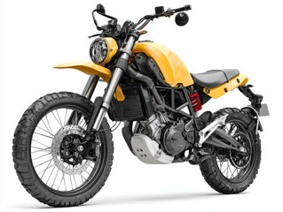 Fototapeta premium A stylish, mustard-yellow adventure motorcycle, angled to showcase its robust design and off-road capabilities, is presented against a pure white background.