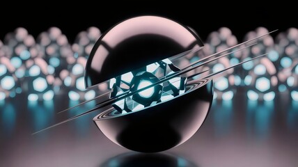 Obsidian orb deconstructing into glowing cyan lattice shapes