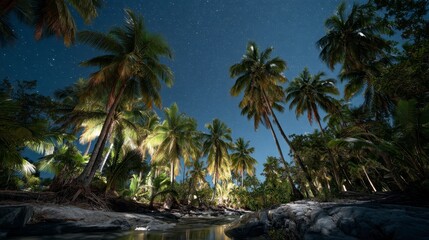 Fototapeta premium An island jungle with stars glowing between palm trees, tropical cinematic style, 