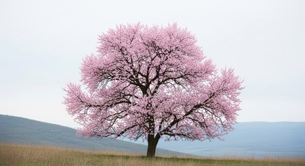 Solitary pink blossom tree in serene landscape with distant hills