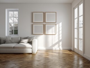 A living room with a white couch and four white picture frames on the wall