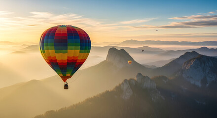 Obraz premium Spectacular aerial view featuring colorful hot air balloons over misty mountain range at sunrise