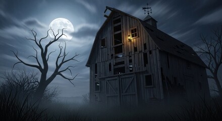 A spooky scene featuring a dilapidated barn under a full moon with bare trees and foggy atmosphere