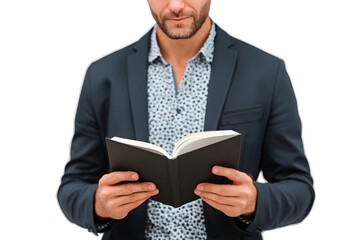 A man in a suit is reading a book