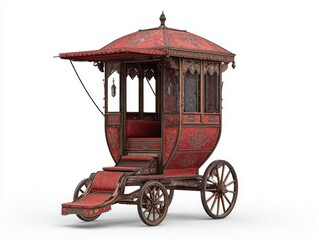 A detailed, ornate, red carriage with elaborate detailing and large wheels stands out against a plain white background.