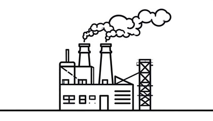 Simple black and white drawing of a factory emitting smoke