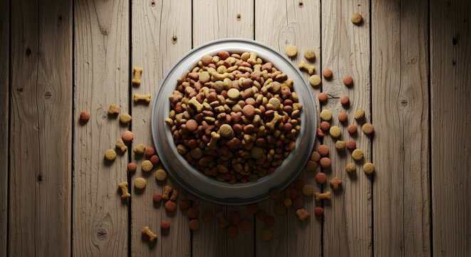 An overhead shot showcasing a bowl overflowing with dry dog food on a rustic wooden surface - Powered by Adobe