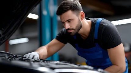 A skilled mechanic in uniform carefully inspecting and troubleshooting a car engine in a well-equipped auto repair workshop.