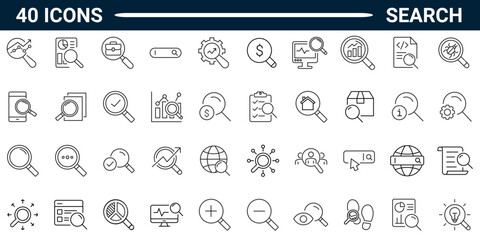 Search line icon set. Includes SEO, Digital marketing, data analysis, management, investigate, and find. Editable stroke. Vector illustration