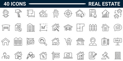 Real estate line icon set. Includes real estate, transactions, types of real estate, amenities. Editable stroke. Vector illustration