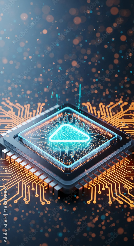 Poster close-up of a microprocessor with a glowing play symbol, set against a dark background with bokeh ef