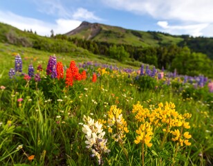 Fototapeta premium Vibrant wildflowers bloom in a meadow at the base of a mountain
