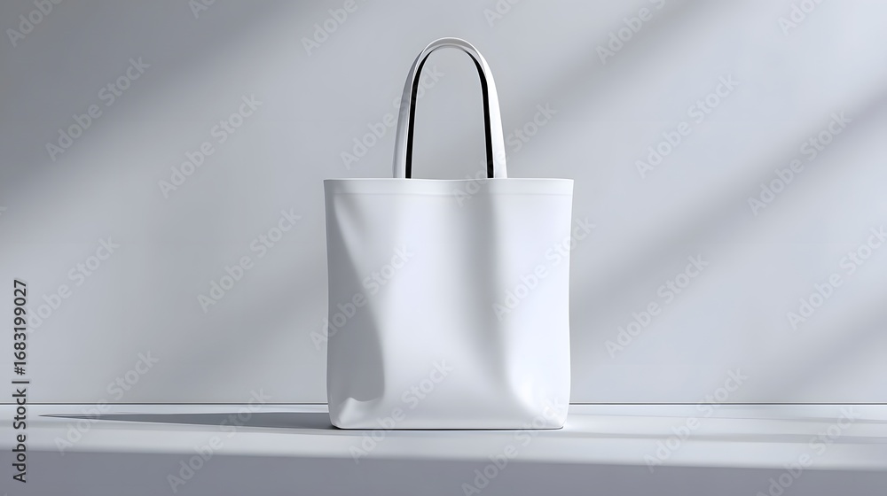 Poster a clean, modern and elegant white tote bag, designed with a minimalist aesthetic and displayed in a 