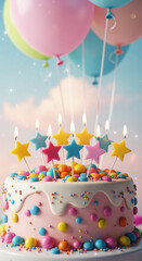 Pink birthday cake with colorful candies, star-shaped candles, and pastel balloons in the background, symbolizing celebration, joy, and festivity, perfect for birthday invitations or party decorations