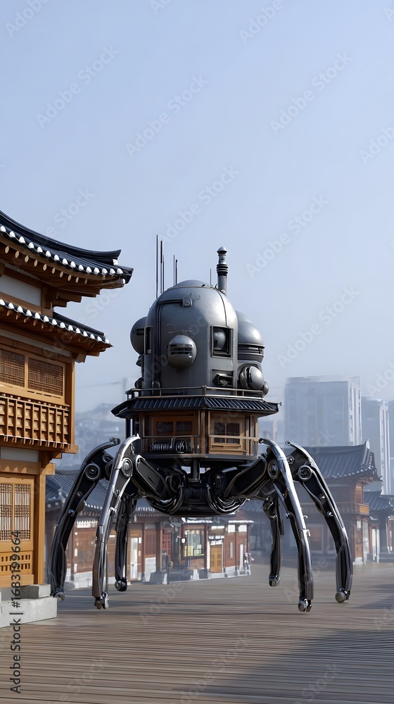 Poster a surreal and contrasting scene featuring a futuristic, high-tech structure resembling a robotic wal