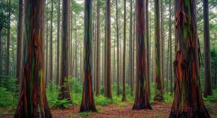 Vibrant rainbow eucalyptus trees in lush forest setting