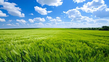 Wide expanse of vibrant green wheat field under a vast blue sky with fluffy white clouds