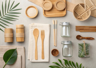 Minimalist flat lay of sustainable kitchen items, wooden spoons, metal straws, reusable containers, and linen cloth,
