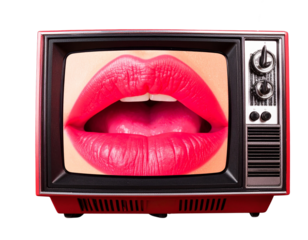 Retro-style TV with a screen featuring realistic human lips in mid-speech, textured