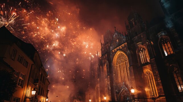 Fireworks above a gothic cathedral glowing in the night, cinematic fantasy, 