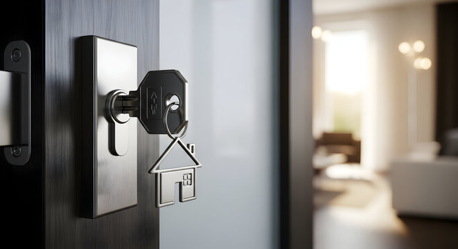 Open door with key and house shaped keychain symbolizing new home ownership opportunity