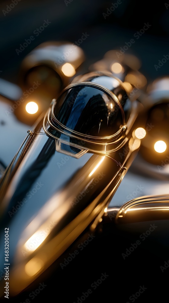 Poster close-up view of a sleek and gleaming chrome automotive component, showcasing its reflective surface
