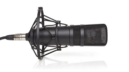 A professional microphone showcased on a clean white background with subtle shadows.