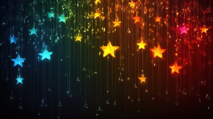 Glowing stars descending from the top, with a spectrum of colors on a dark background