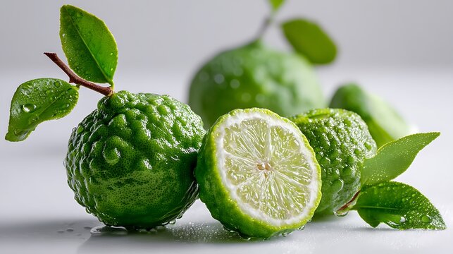 Fresh green bergamot citrus fruits, both cut and whole, arranged on a clean white background with dew droplets for a fresh and vibrant look.