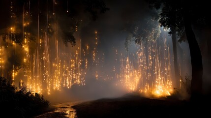 Fototapeta premium Fireworks falling like glowing rain over an enchanted forest, magical fantasy, 