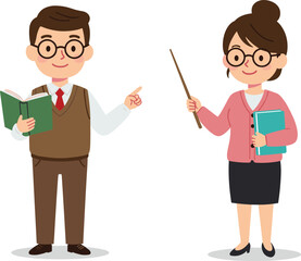 Cartoon Teachers Holding Books and Pointer Stick in Classroom Setting – Educational Characters for School, Learning, Teaching, and Academic Concepts