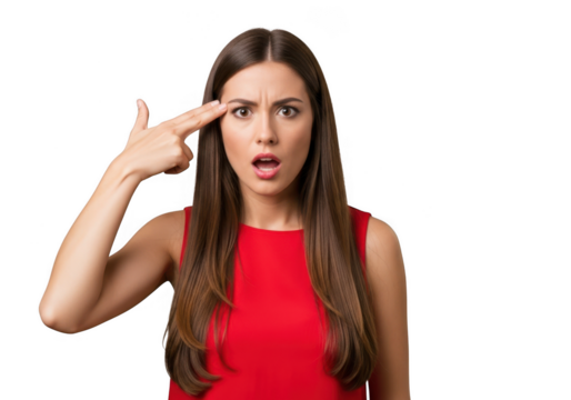 Young woman makes gun gesture to temple expressing frustration or despair against black background transparent background