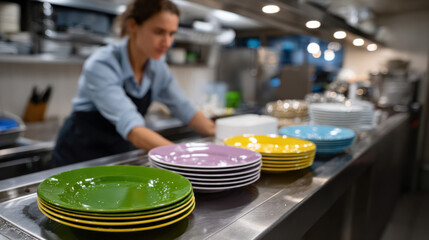 A line of neatly stacked colorful plates waits in a busy kitchen environment, signaling a lively atmosphere where culinary creations meet efficient service for eager diners.