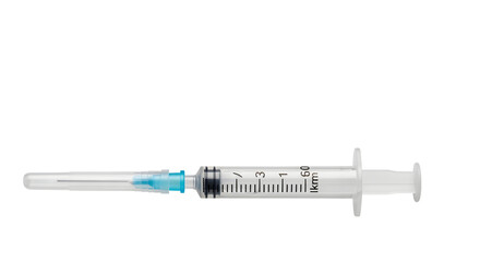 A sterile disposable plastic medical syringe with a needle attached.