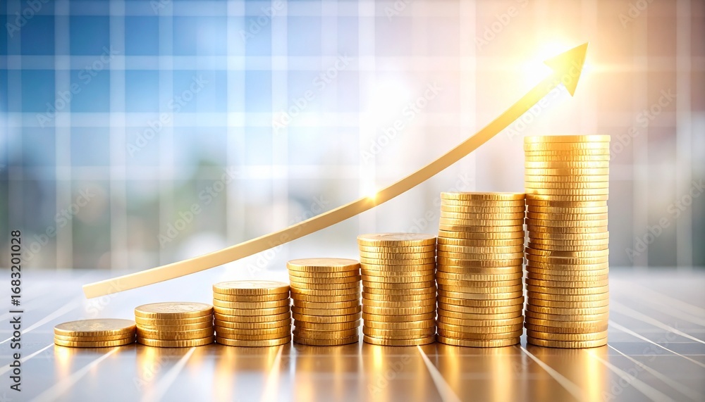Aufkleber golden coin stacks forming growth chart with upward arrow symbolizing financial success on grid back