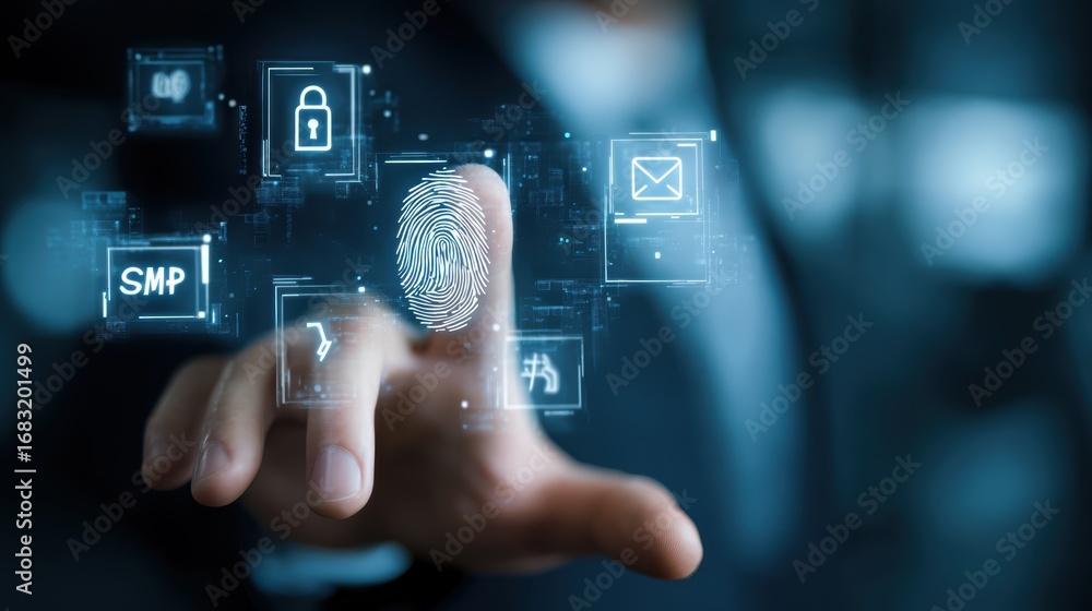 Poster digital security: a close-up view showcasing a hand interacting with a holographic interface. the im