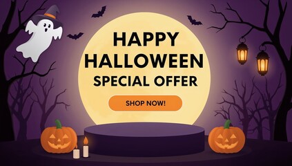 Happy Halloween Special Offer Banner with Moon, Pumpkins, and Spooky Elements