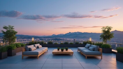Fototapeta premium Stylish rooftop lounge offers a panoramic city view at dusk, creating a serene and sophisticated high fidelity urban escape experience.