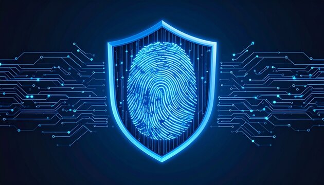 Digital blue shield with fingerprint and circuit lines symbolizing cybersecurity, Generated with AI.