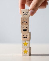 Moods Expressed: Hand carefully arranges wooden blocks to create a visual journey of emotional expression, with each cube revealing a different sentiment from happiness to sadness.