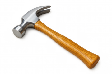 Studio shot featuring a claw hammer with a wooden handle, isolated against a transparent background, perfect for showcasing craftsmanship