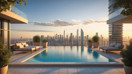 Fototapeta premium Luxury penthouse terrace showcases an infinity pool with city skyline view du sunset, offe a high fidelity panoramic landscape.