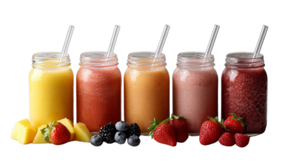 Colorful fruit smoothies in glass jars with straws showcasing vibrant yellow orange pink and red shades on a transparent background