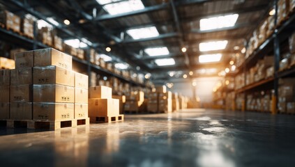 Wide shot of a warehouse interior, filled with stacked cardboard boxes on pallets. Sunlight streams through the high ceiling