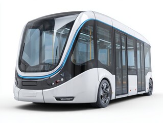 A modern, futuristic light rail vehicle, showcasing sleek lines and minimalist design, is presented against a plain white background.