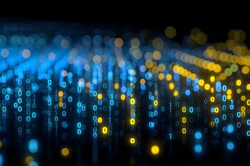 Digital background featuring blue and yellow numbers on a black backdrop, creating an abstract representation of data flow with bokeh lights.